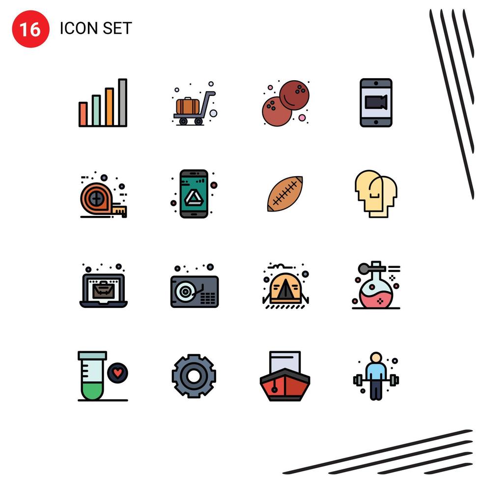 16 Universal Flat Color Filled Line Signs Symbols of app tool food tape camera Editable Creative Vector Design Elements