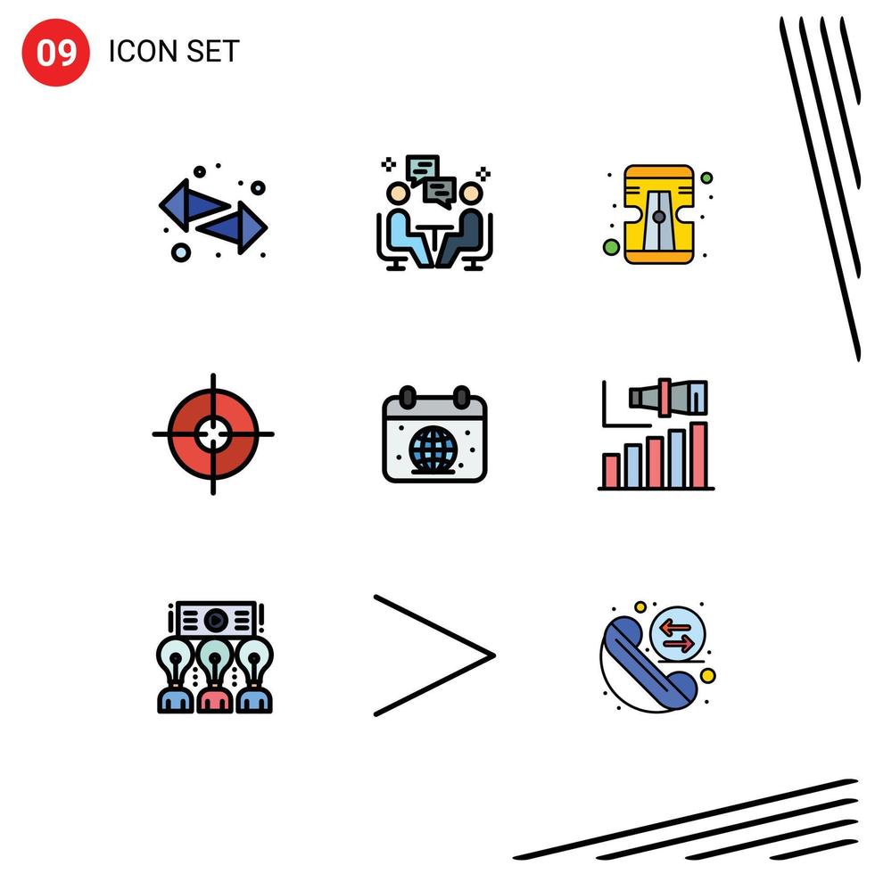 Set of 9 Modern UI Icons Symbols Signs for earth calender dissucation target aim Editable Vector Design Elements