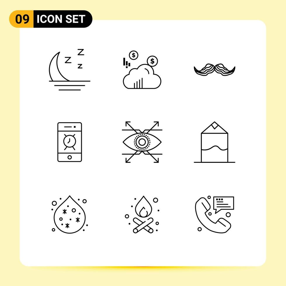 Set of 9 Vector Outlines on Grid for eye phone hipster bell alarm Editable Vector Design Elements