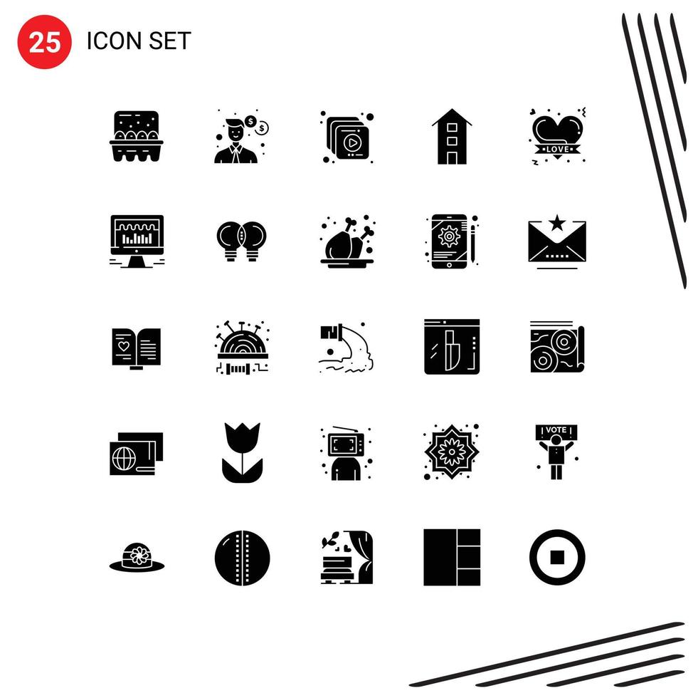 25 sólido glifo concepto para sitios web móvil y aplicaciones corazones Tienda colección tiendas casa editable vector diseño elementos