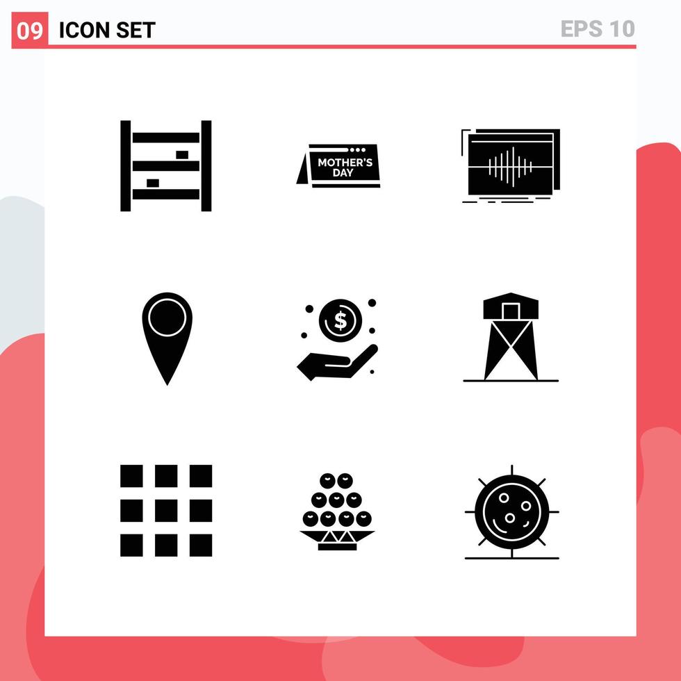 9 Thematic Vector Solid Glyphs and Editable Symbols of hand pick time guitar sequence Editable Vector Design Elements