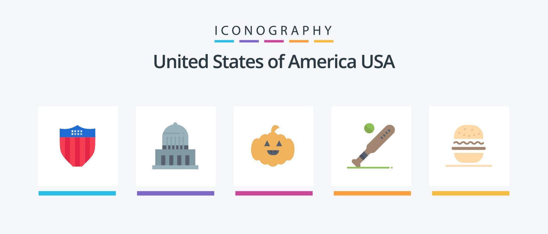 Estados Unidos plano 5 5 icono paquete incluso comer. EE.UU. calabaza Deportes. béisbol. creativo íconos diseño vector