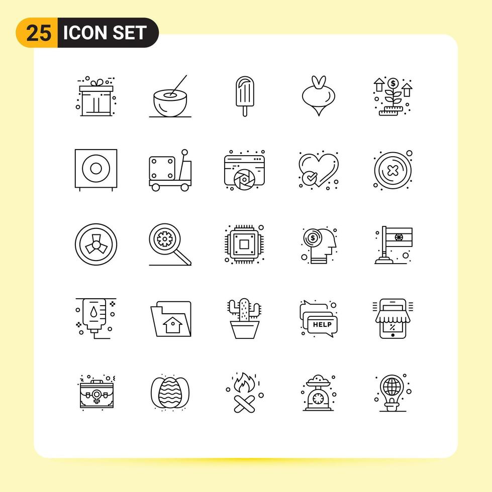 Pack of 25 creative Lines of money spring beach vegetable food Editable Vector Design Elements