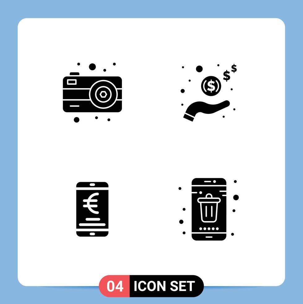 Group of Modern Solid Glyphs Set for camera euro hand cash shopping Editable Vector Design Elements