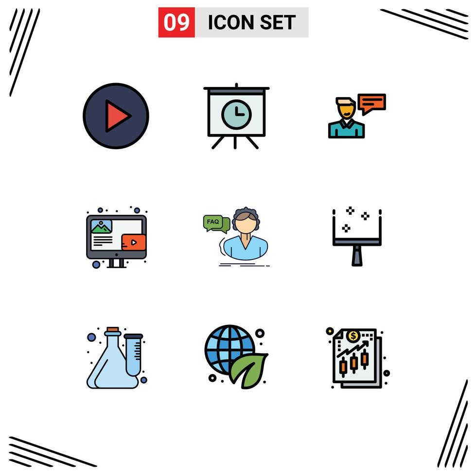 9 User Interface Filledline Flat Color Pack of modern Signs and Symbols of consultation assistance man faq content Editable Vector Design Elements