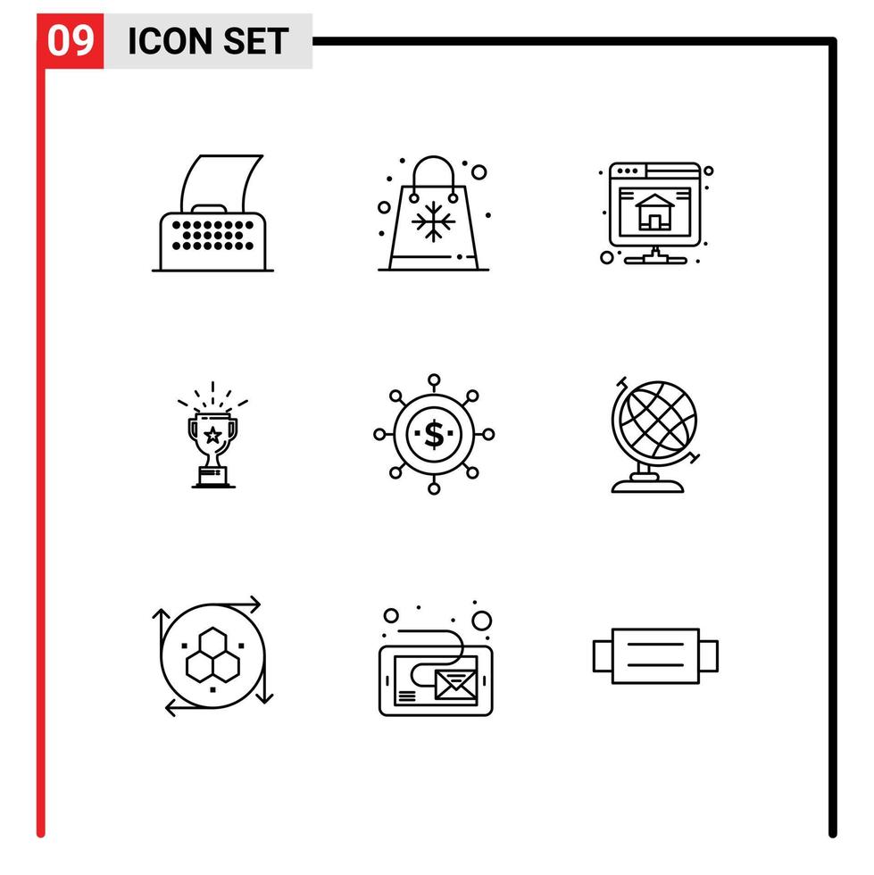 9 Universal Outline Signs Symbols of business prize shopping medal server Editable Vector Design Elements