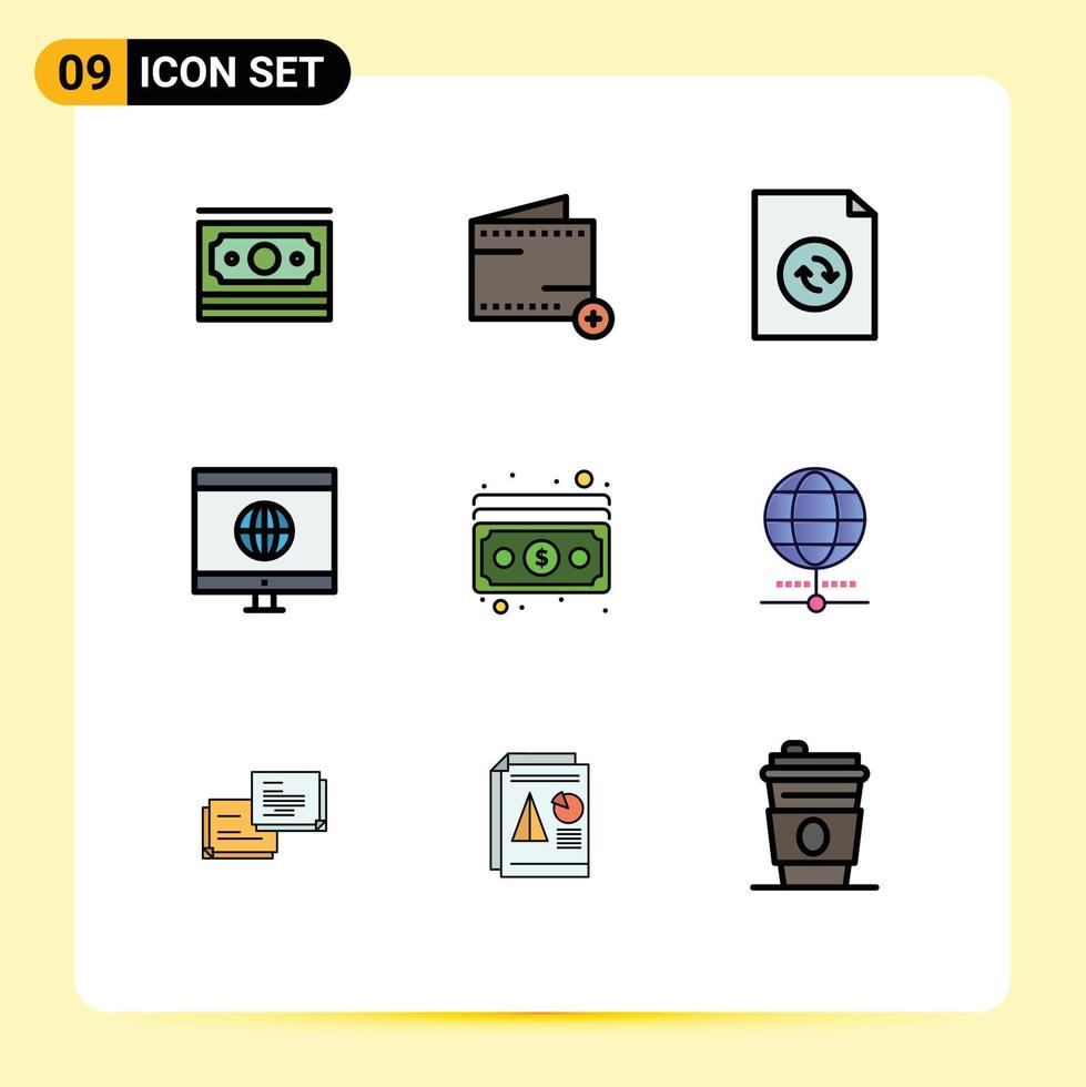 9 Filledline Flat Color concept for Websites Mobile and Apps payment dollar document cash global Editable Vector Design Elements