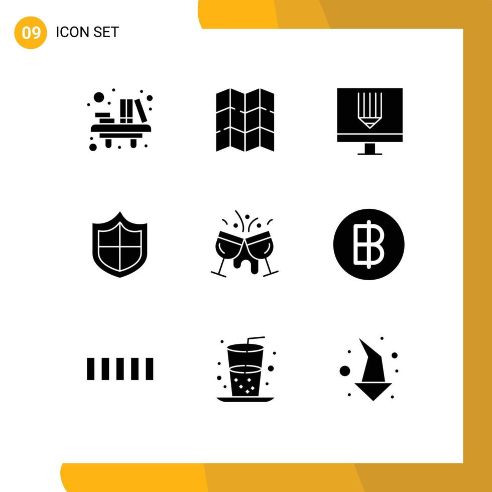 Group of 9 Solid Glyphs Signs and Symbols for champagne security coding firewall programing Editable Vector Design Elements