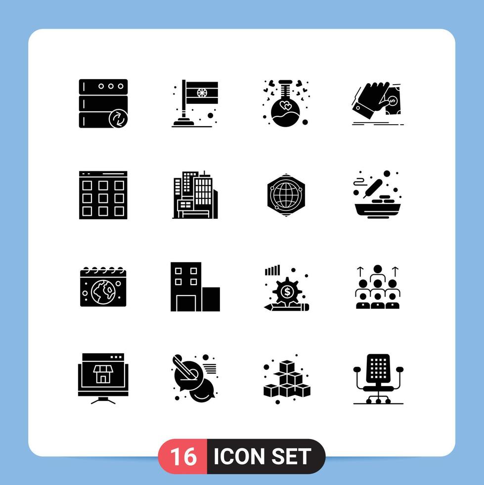 16 Thematic Vector Solid Glyphs and Editable Symbols of isotope communication heart dollar money Editable Vector Design Elements