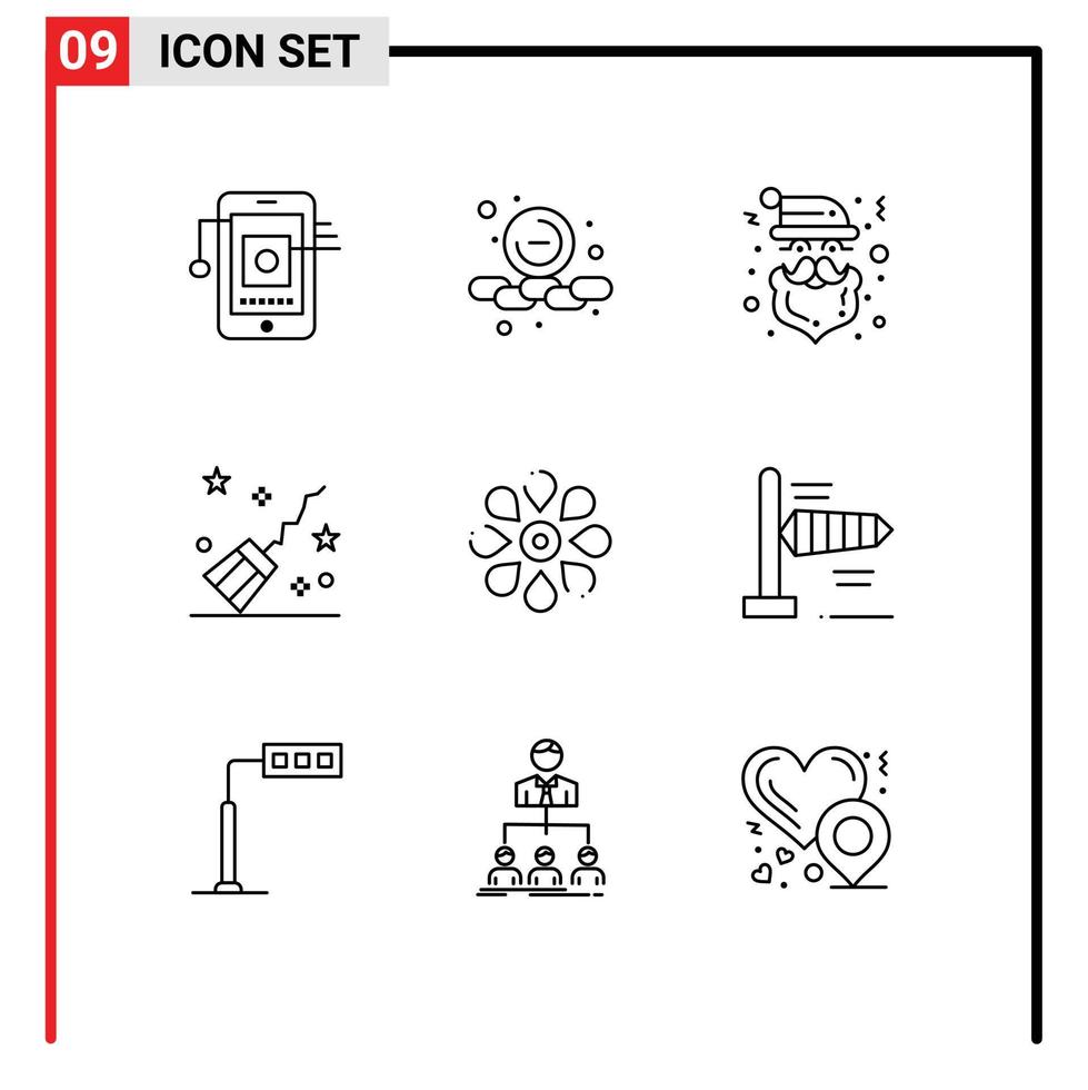 Set of 9 Vector Outlines on Grid for sun flower witchcraft christmas magic broom Editable Vector Design Elements