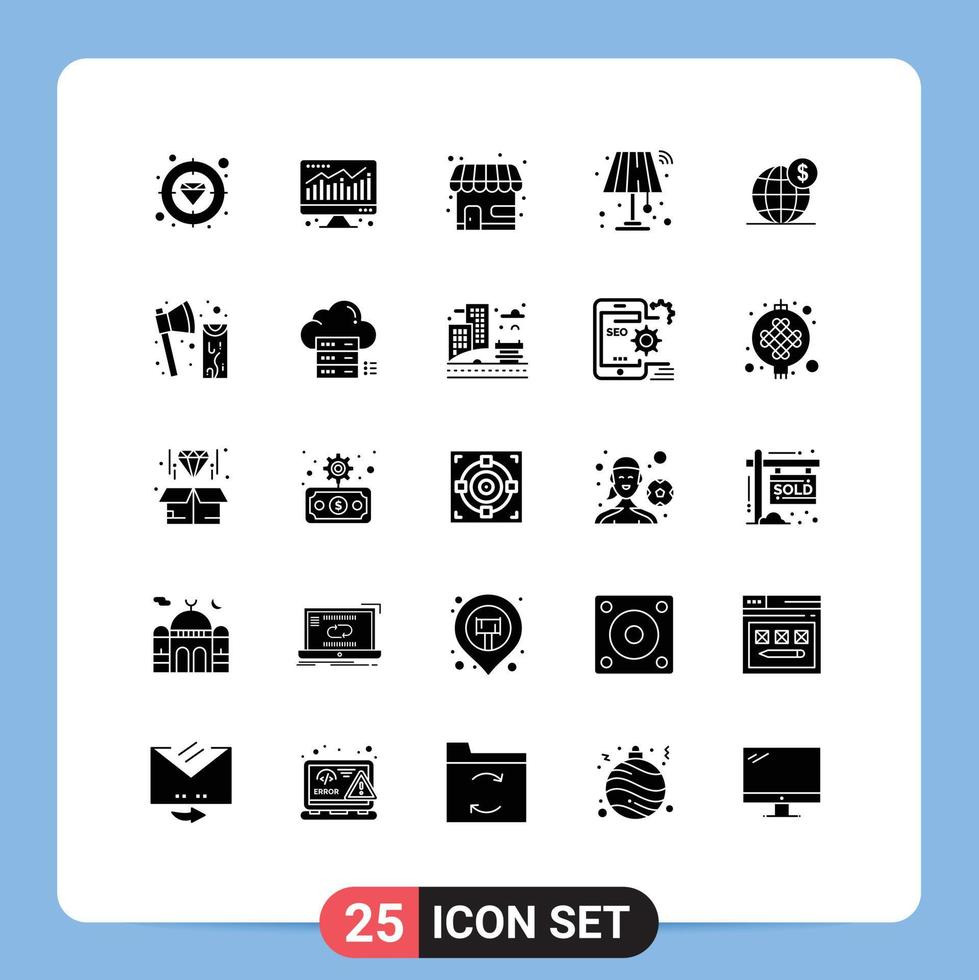 Mobile Interface Solid Glyph Set of 25 Pictograms of business dollar market store wifi lamp Editable Vector Design Elements