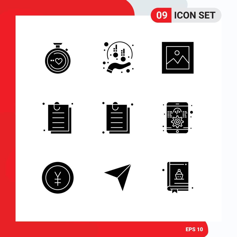 Universal Icon Symbols Group of 9 Modern Solid Glyphs of interface paper sponsorship document gallery Editable Vector Design Elements