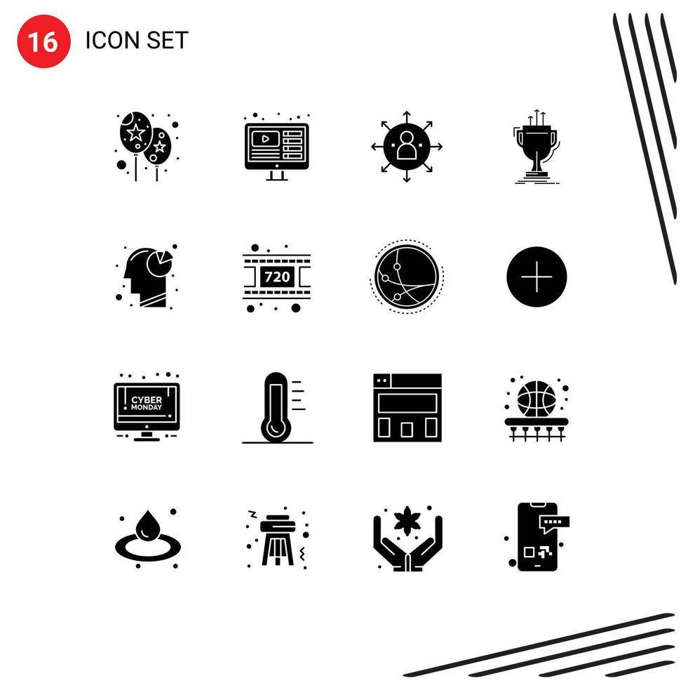 Group of 16 Modern Solid Glyphs Set for analysis edge arrows cup award Editable Vector Design Elements
