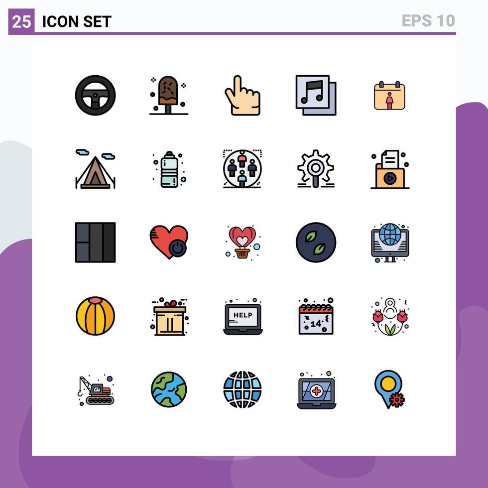 Modern Set of 25 Filled line Flat Colors and symbols such as camping female finger calendar media Editable Vector Design Elements