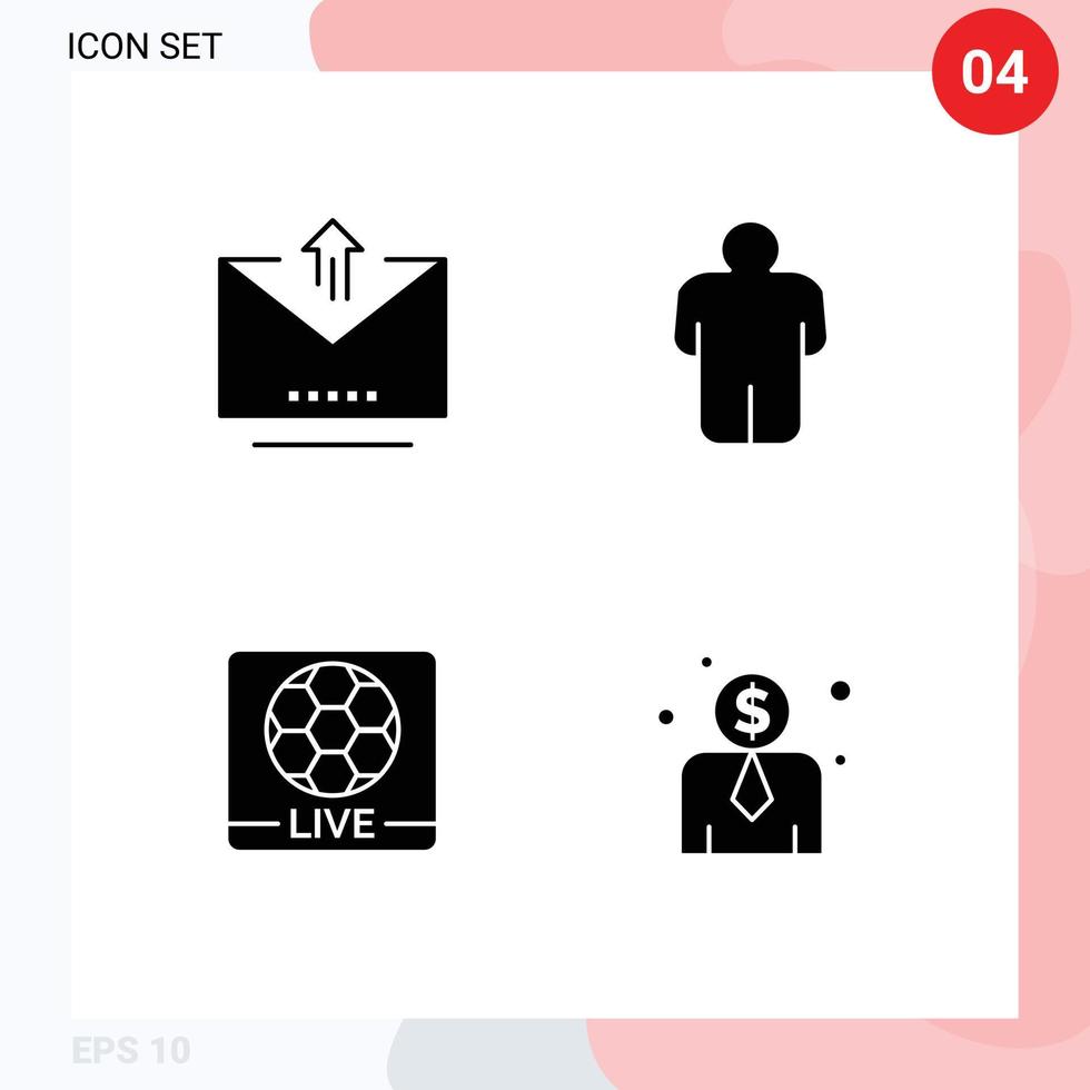 Modern Set of 4 Solid Glyphs Pictograph of email screen upload user employee cost Editable Vector Design Elements