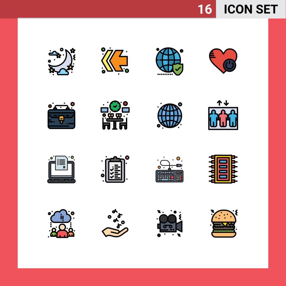 16 Universal Flat Color Filled Lines Set for Web and Mobile Applications business case heart shield switch shutdown Editable Creative Vector Design Elements
