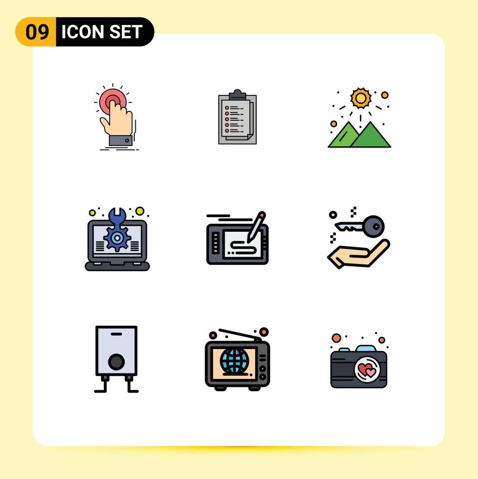 Pictogram Set of 9 Simple Filledline Flat Colors of laptop idea presentation design mountain Editable Vector Design Elements