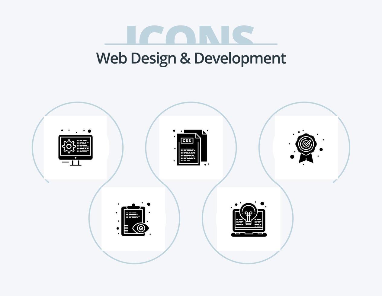 Web Design And Development Glyph Icon Pack 5 Icon Design. best quality. web. light. css. settings vector