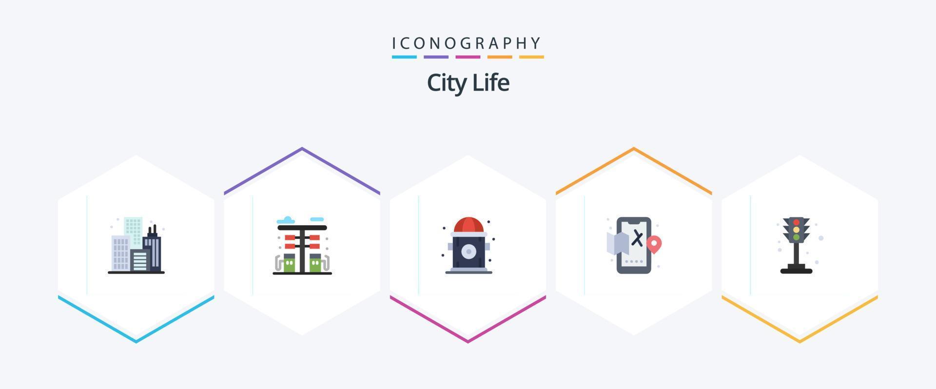 City Life 25 Flat icon pack including traffic. city. city. map. city vector