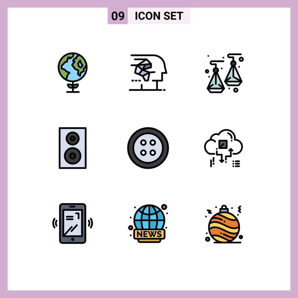 Mobile Interface Filledline Flat Color Set of 9 Pictograms of sewing technology earrings speaker electronics Editable Vector Design Elements