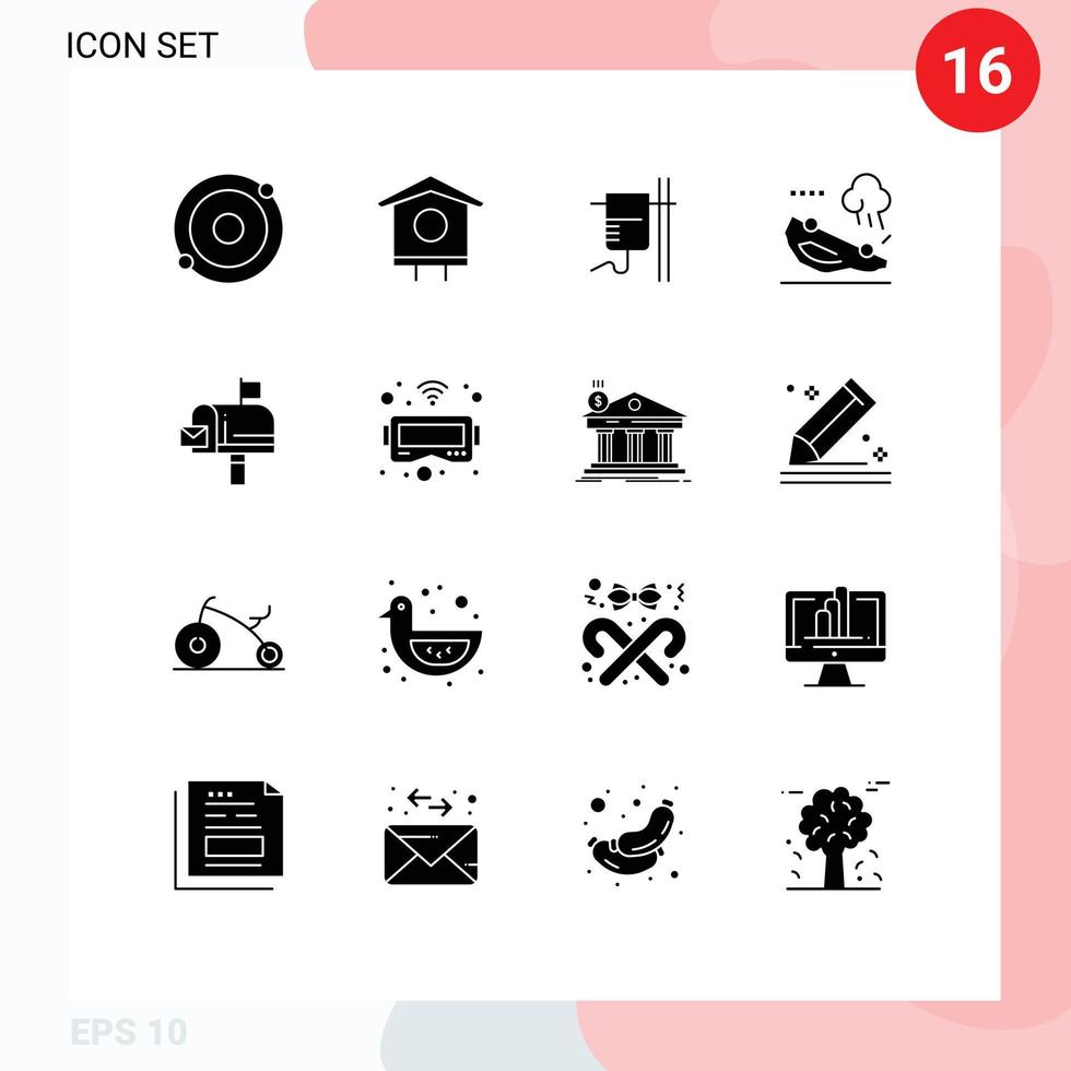 Group of 16 Modern Solid Glyphs Set for message mail medical flipped car Editable Vector Design Elements