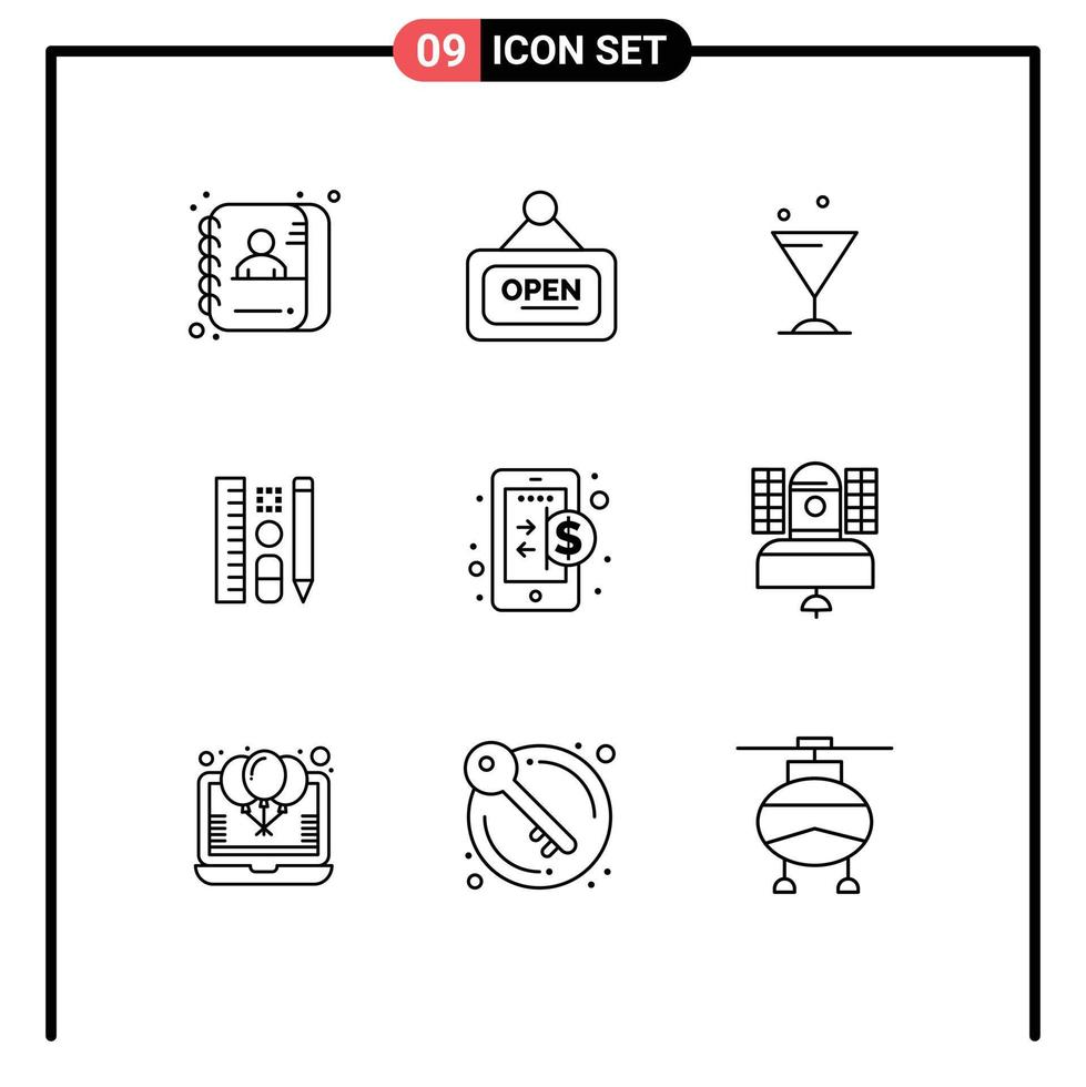 Pack of 9 Modern Outlines Signs and Symbols for Web Print Media such as finance business glass education pencil Editable Vector Design Elements