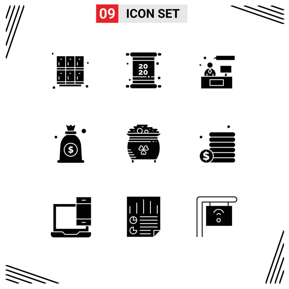 9 User Interface Solid Glyph Pack of modern Signs and Symbols of coin bag invoice money working Editable Vector Design Elements