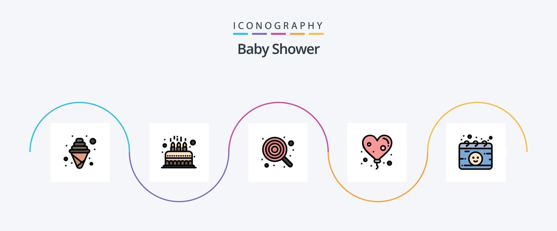 bebé ducha línea lleno plano 5 5 icono paquete incluso calendario. corazón. niño. globo. niño vector