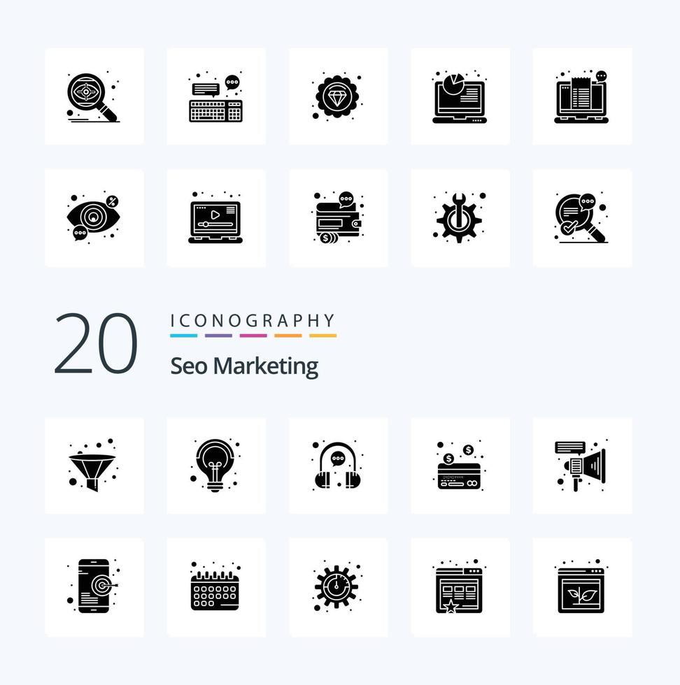 20 Seo Marketing Solid Glyph icon Pack like speaker marketing chat payment card vector