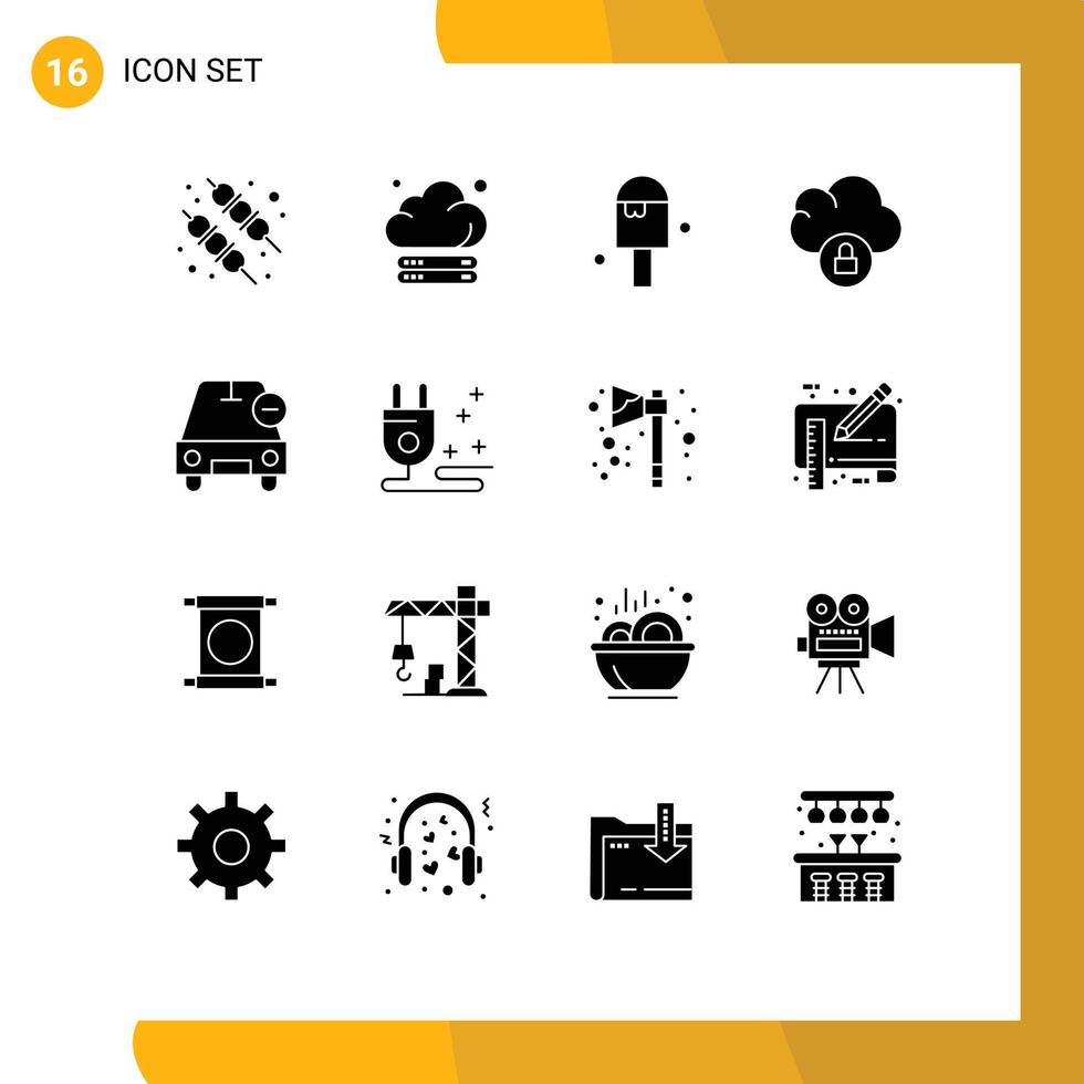 Mobile Interface Solid Glyph Set of 16 Pictograms of minus delete ice car data Editable Vector Design Elements