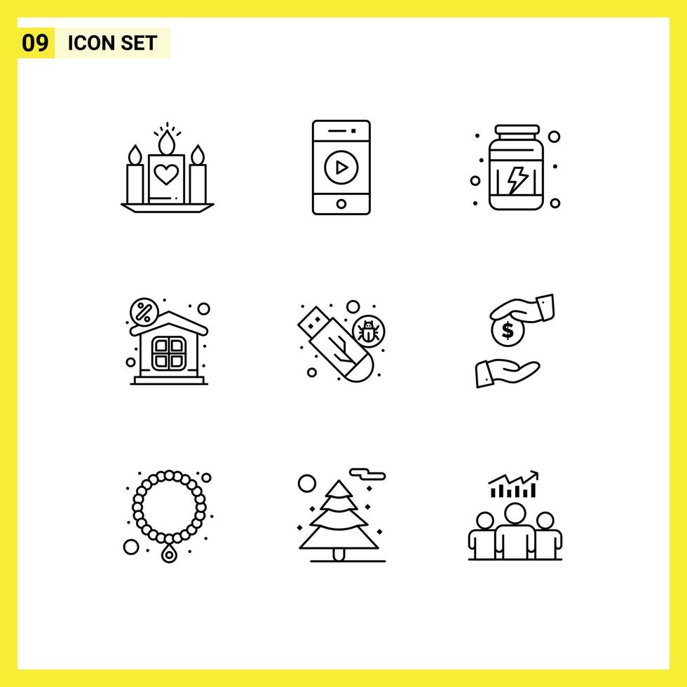 Pack of 9 creative Outlines of malware property gym money discount Editable Vector Design Elements