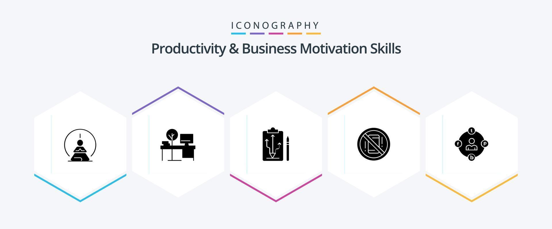 Productivity And Business Motivation Skills 25 Glyph icon pack including mobile. avoid. place. think. strategy vector