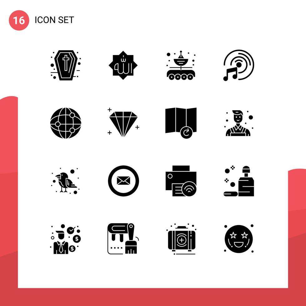 Solid Glyph Pack of 16 Universal Symbols of world music calligraphy cd disk parabola Editable Vector Design Elements
