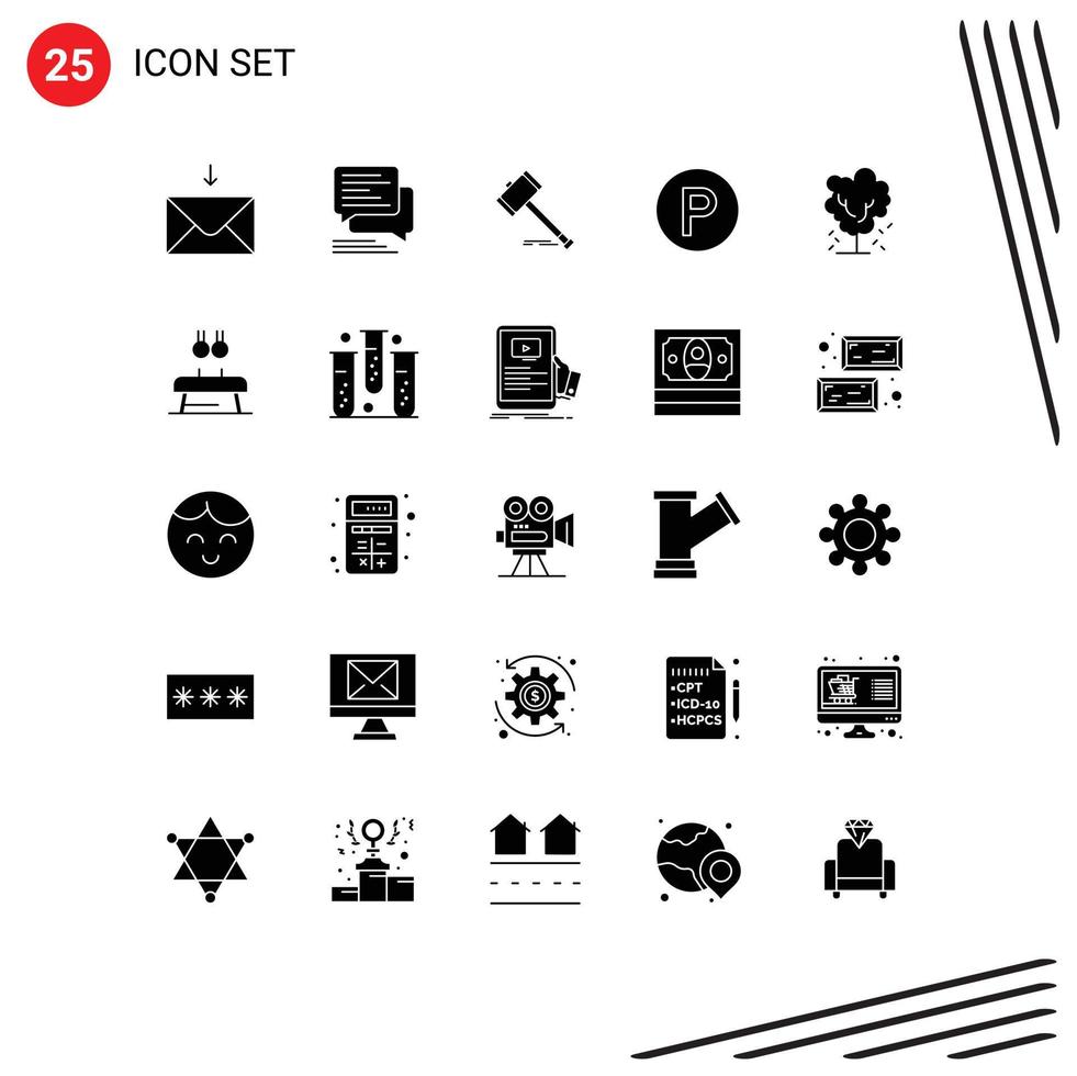 Universal Icon Symbols Group of 25 Modern Solid Glyphs of parking transport action legal hammer Editable Vector Design Elements