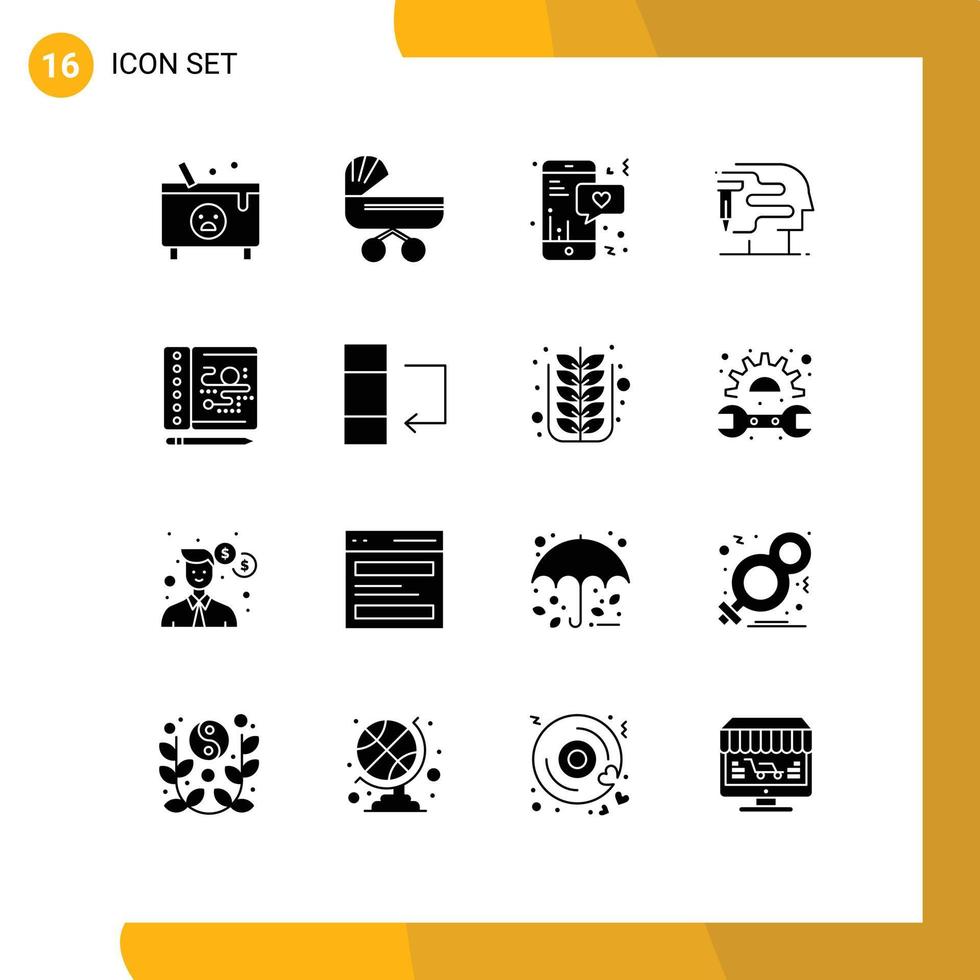 Editable Vector Line Pack of 16 Simple Solid Glyphs of creative printing push human chat Editable Vector Design Elements