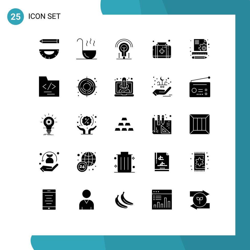 Group of 25 Solid Glyphs Signs and Symbols for seo content bulb box first aid Editable Vector Design Elements