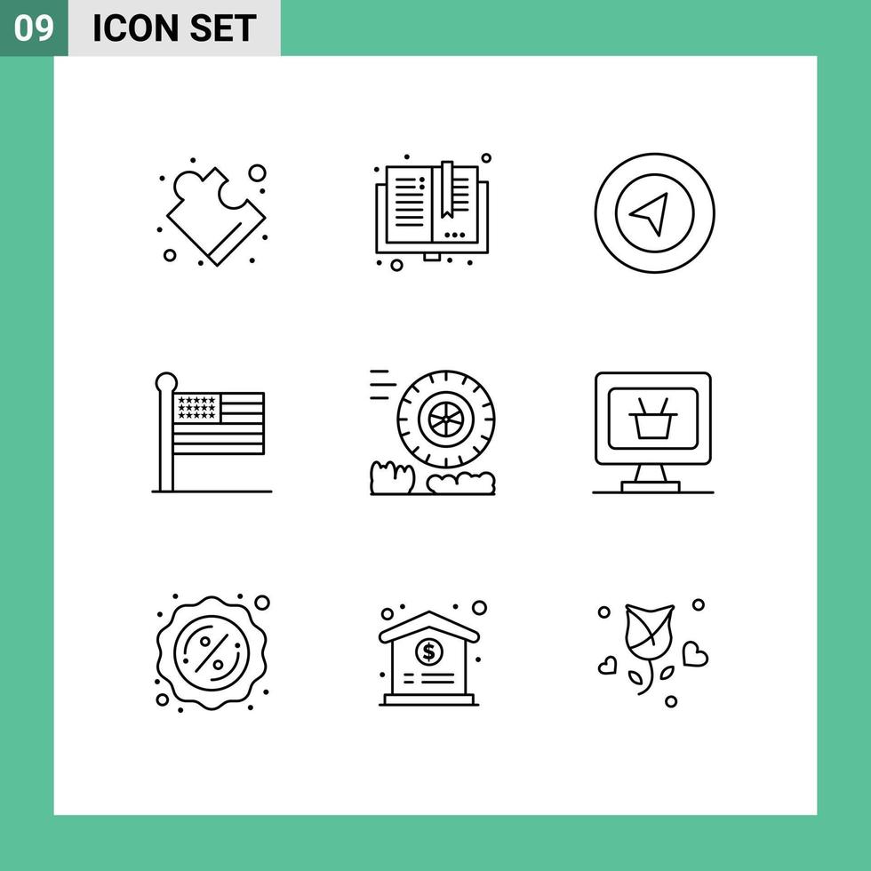 Mobile Interface Outline Set of 9 Pictograms of wheel friction map usa states Editable Vector Design Elements