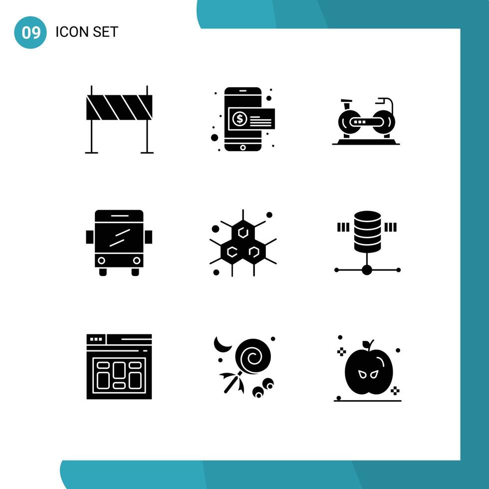 9 User Interface Solid Glyph Pack of modern Signs and Symbols of chemist school money bus bike Editable Vector Design Elements