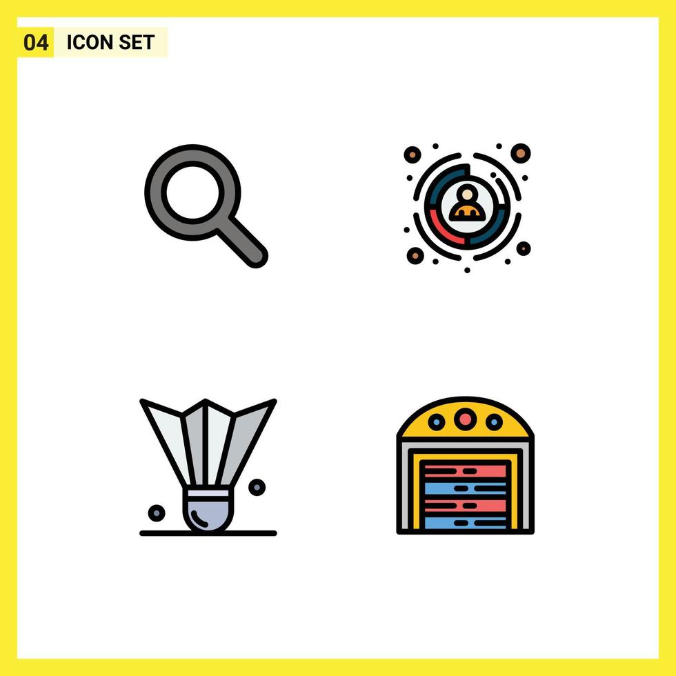 Mobile Interface Filledline Flat Color Set of 4 Pictograms of expanded feather shuttlecock business target sports equipment Editable Vector Design Elements