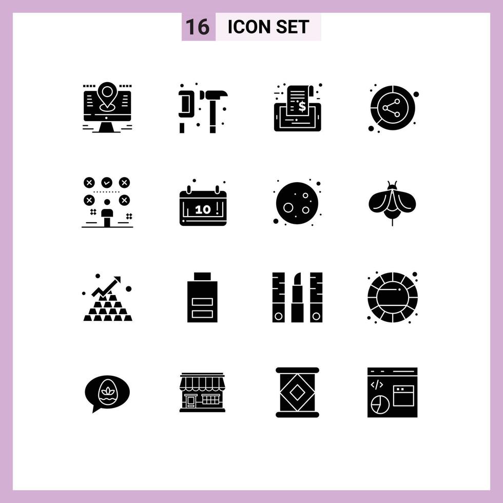 Universal Icon Symbols Group of 16 Modern Solid Glyphs of data analysis gear tag phone Editable Vector Design Elements