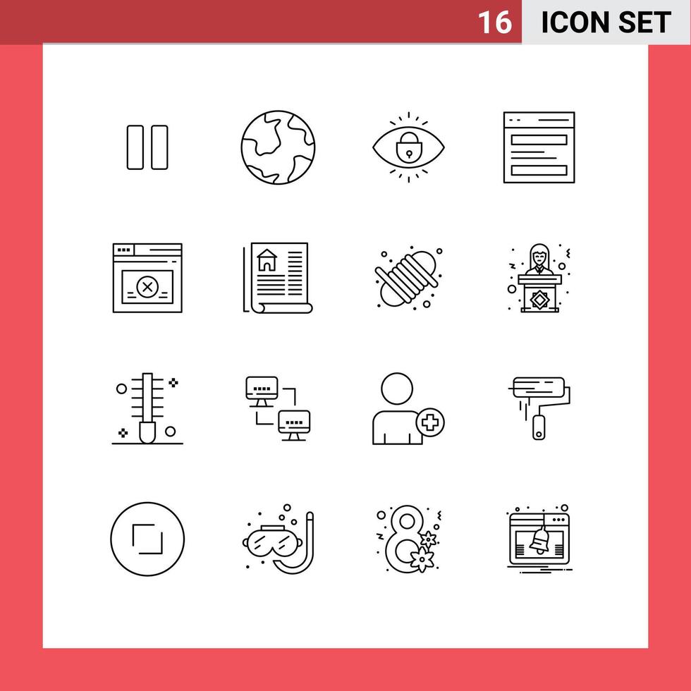 Mobile Interface Outline Set of 16 Pictograms of user hero discovery header lock Editable Vector Design Elements