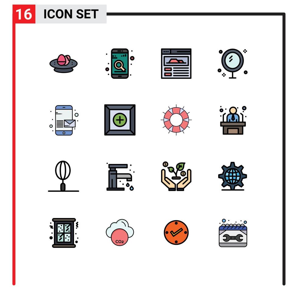 16 Universal Flat Color Filled Line Signs Symbols of message shower search mirror bathroom Editable Creative Vector Design Elements