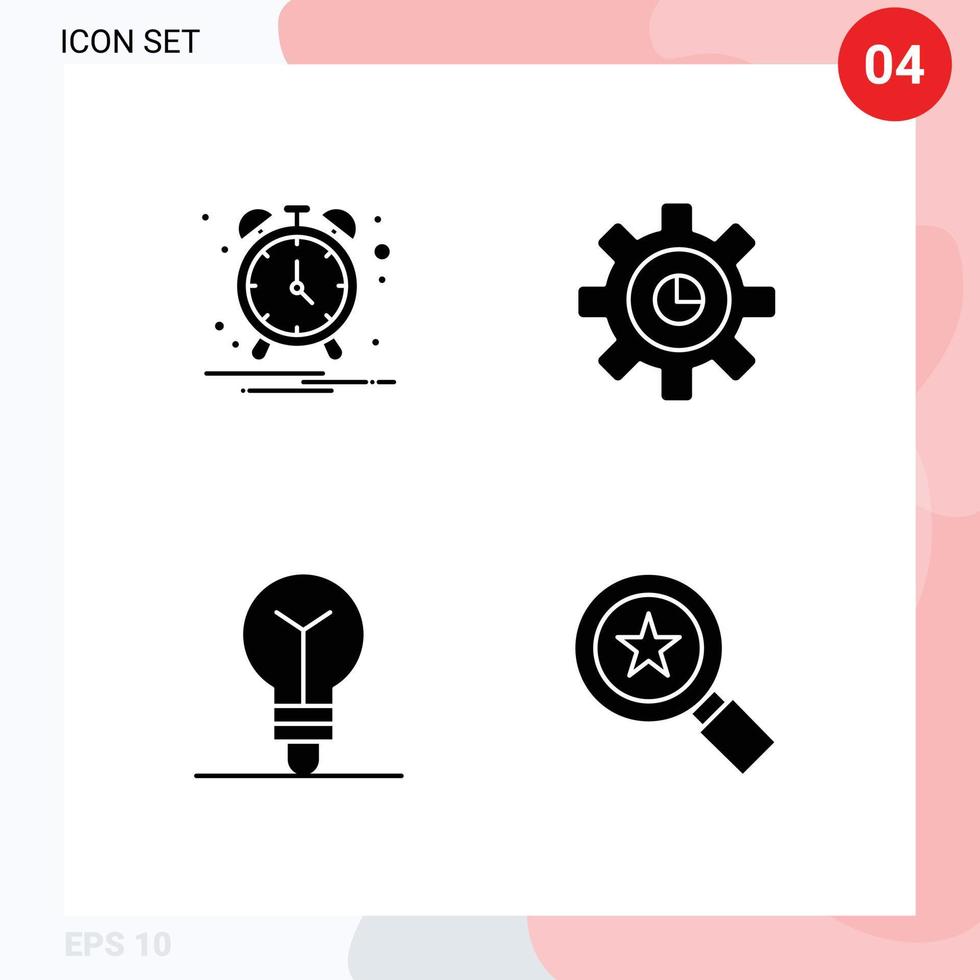 4 Universal Solid Glyph Signs Symbols of alarm process graph setting star Editable Vector Design Elements