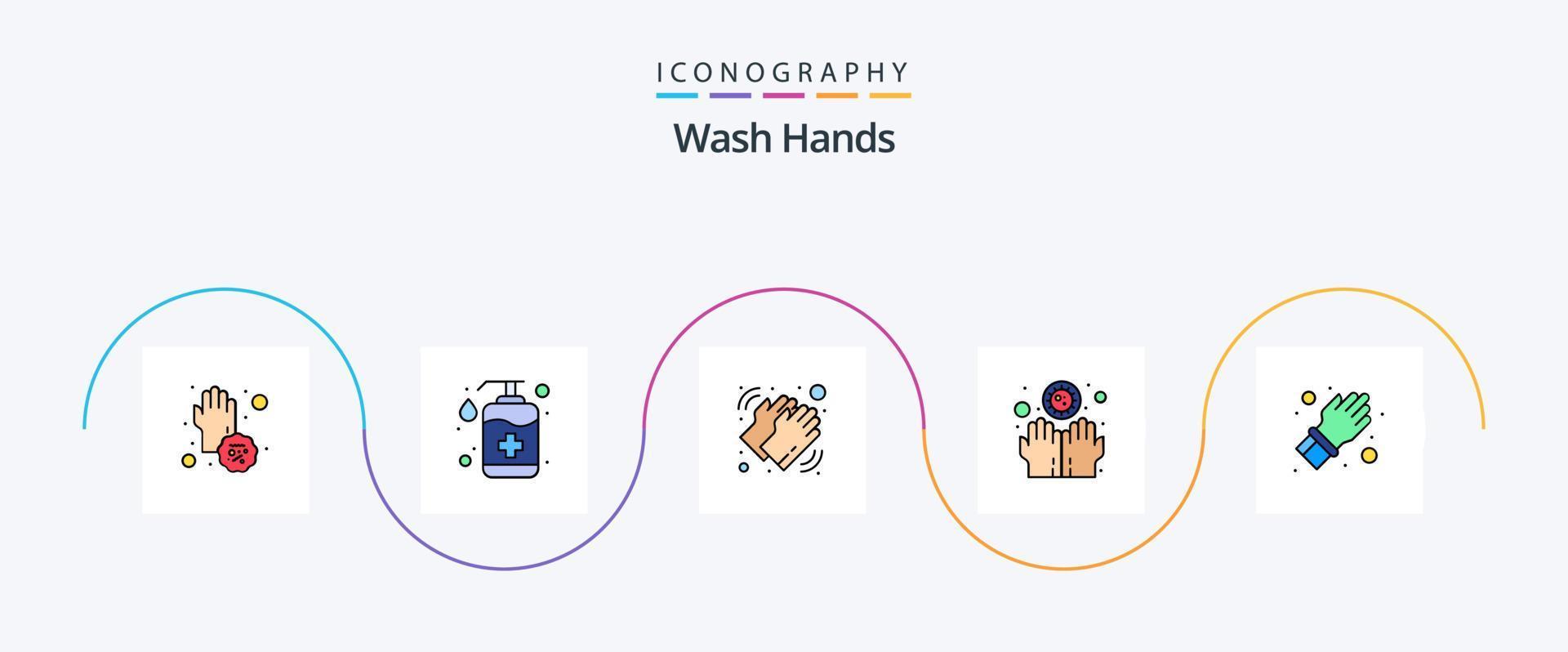 Wash Hands Line Filled Flat 5 Icon Pack Including hands. dirty. soap. care. washing vector