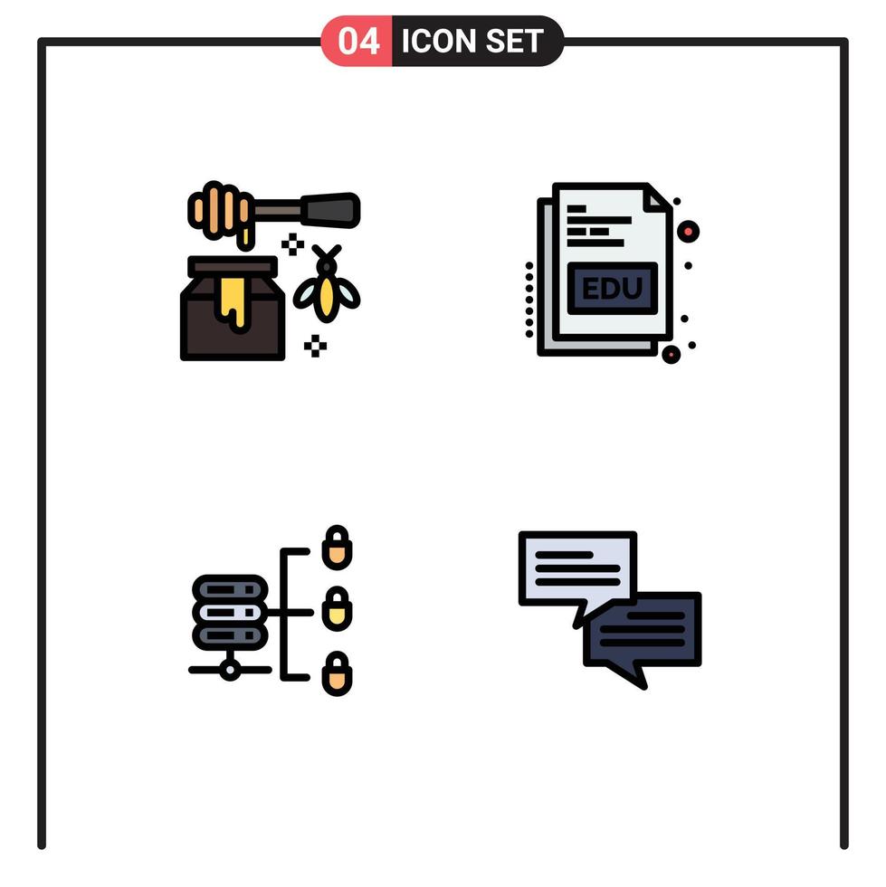 Group of 4 Filledline Flat Colors Signs and Symbols for bee secure web server sweet education chat Editable Vector Design Elements