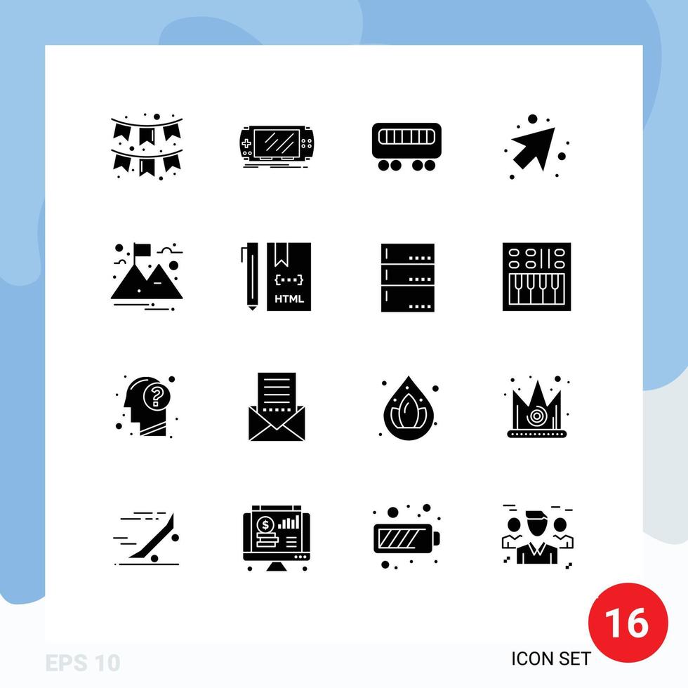 Pack of 16 creative Solid Glyphs of mountain goal psp right arrow Editable Vector Design Elements