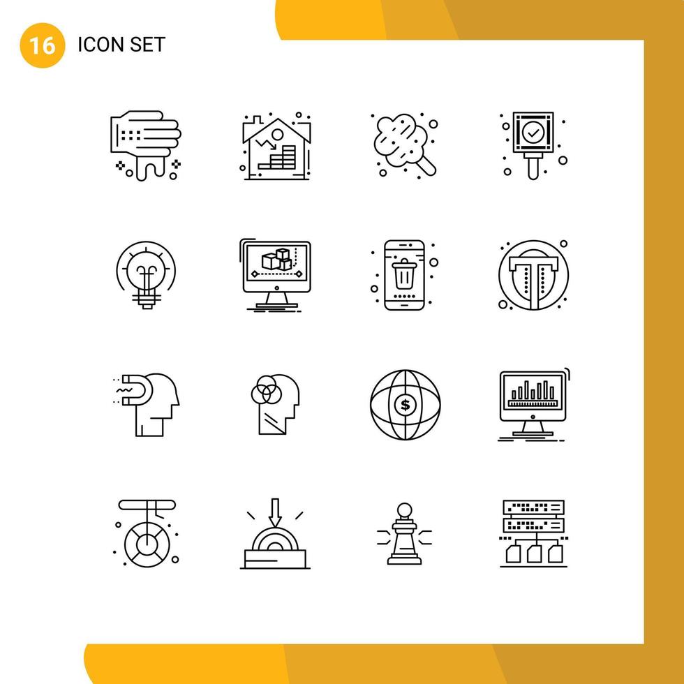 Mobile Interface Outline Set of 16 Pictograms of idea bulb dessert tag mark Editable Vector Design Elements