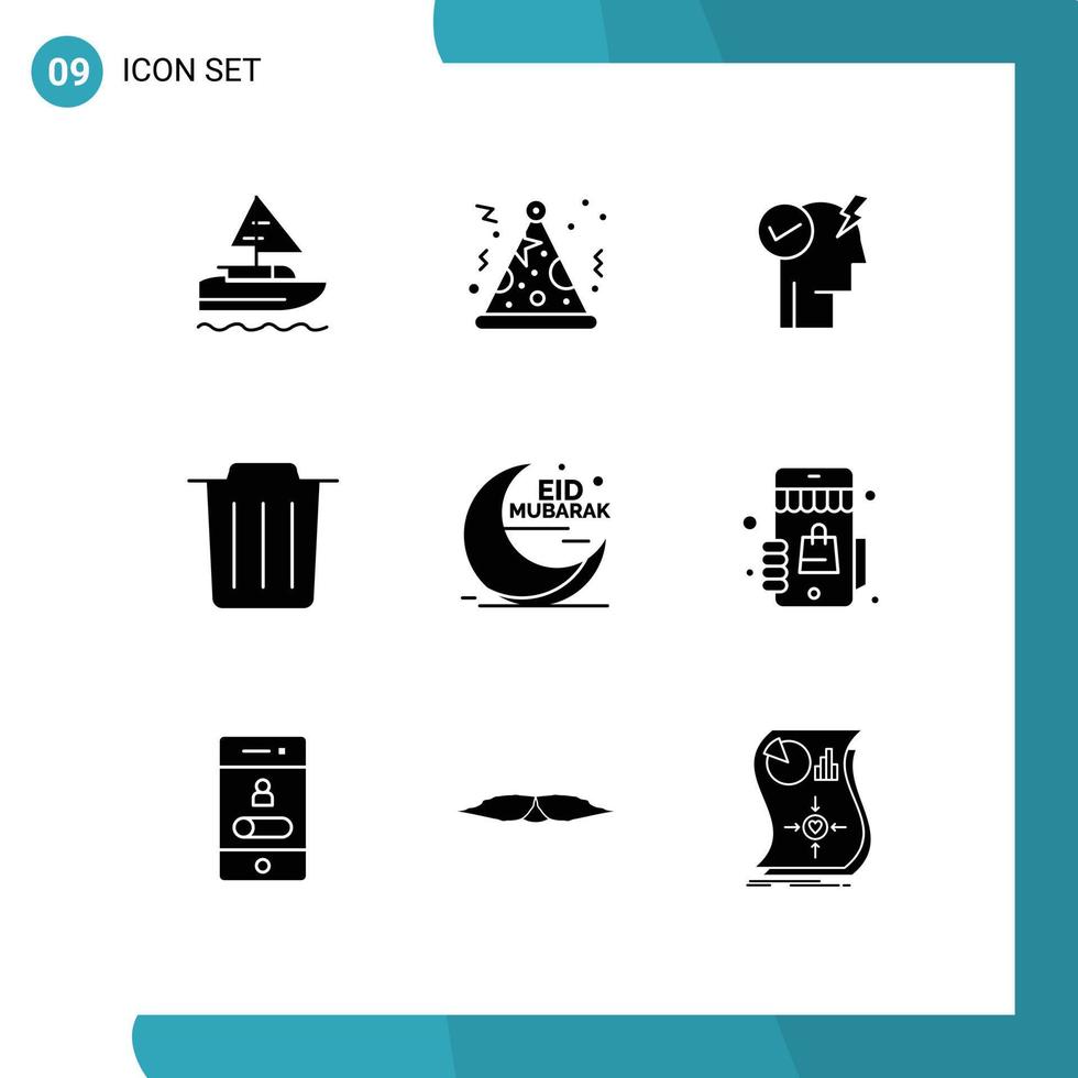 Universal Icon Symbols Group of 9 Modern Solid Glyphs of cresent mubarak mind eid recycle Editable Vector Design Elements