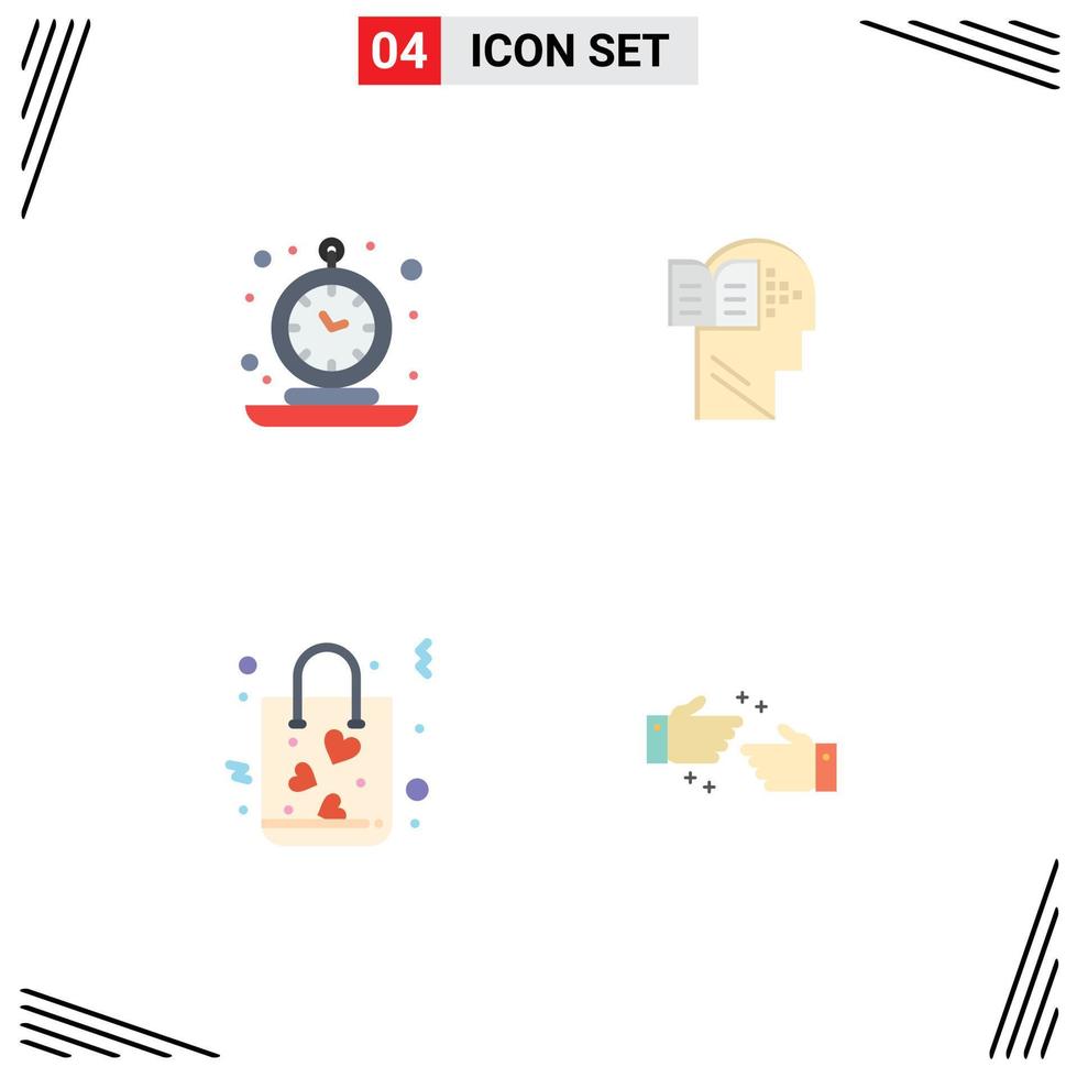 4 Universal Flat Icons Set for Web and Mobile Applications alarm bag retro book love Editable Vector Design Elements