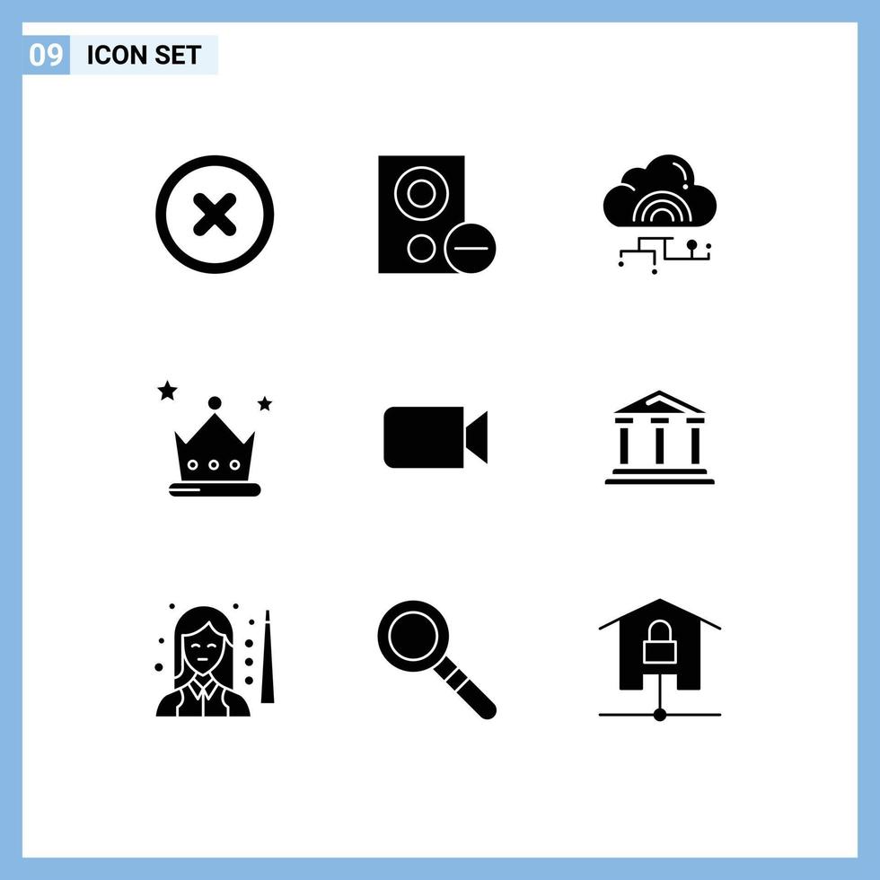 Group of 9 Modern Solid Glyphs Set for camera crown network award data Editable Vector Design Elements